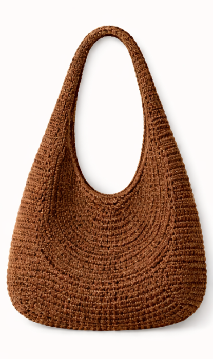 Brown crochet shoulder tote bag on white background
